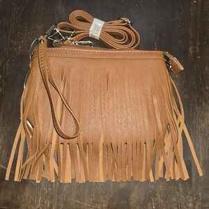 Fringe Brown Faux Leather Crossbody Clutch Or Wristlet‎